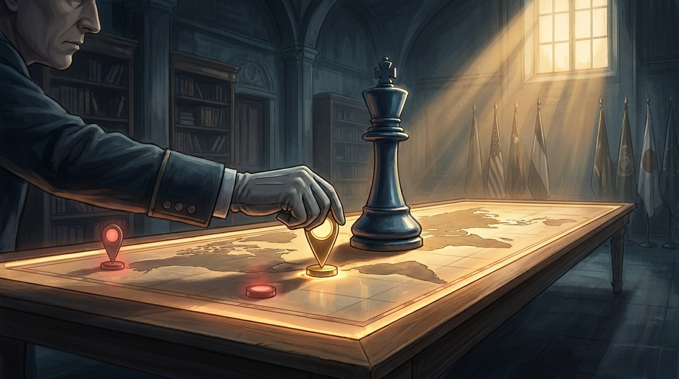 A strategist at a dim war-room map table sweeps past two small red flashpoint markers to place a decisive marker before a large dark chess king, with allied standards lit at the far edge