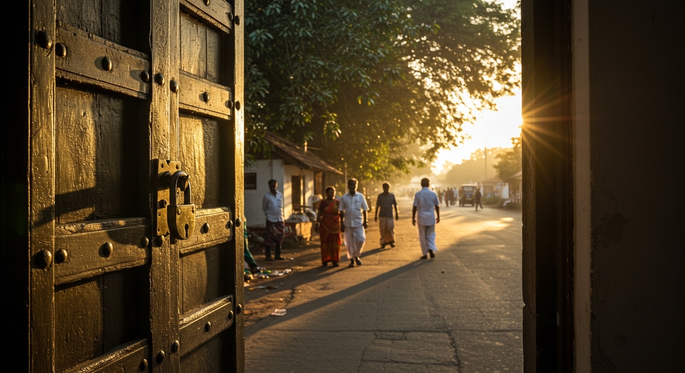A closed traditional door with a brass lock as people walk along an open, sunlit road