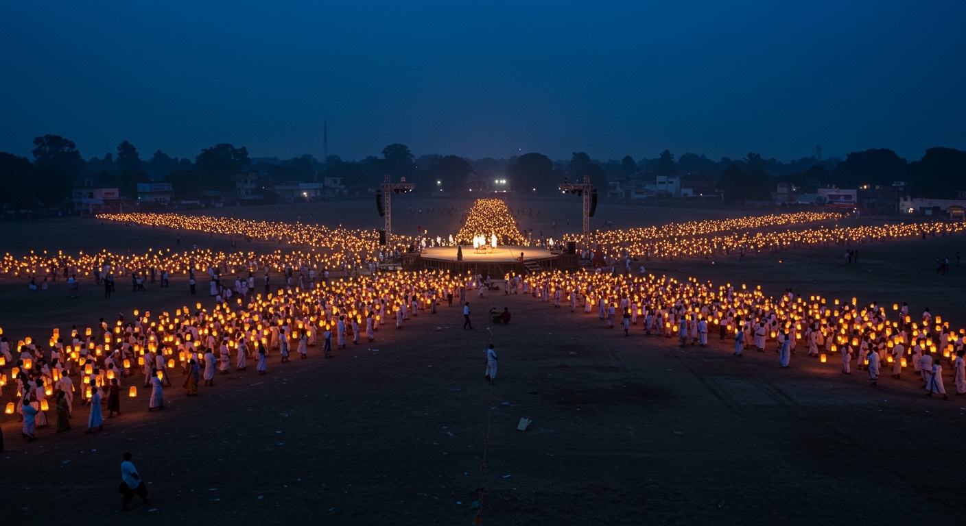 Streams of lantern-carrying people converge at dusk toward a bare stage on an open ground