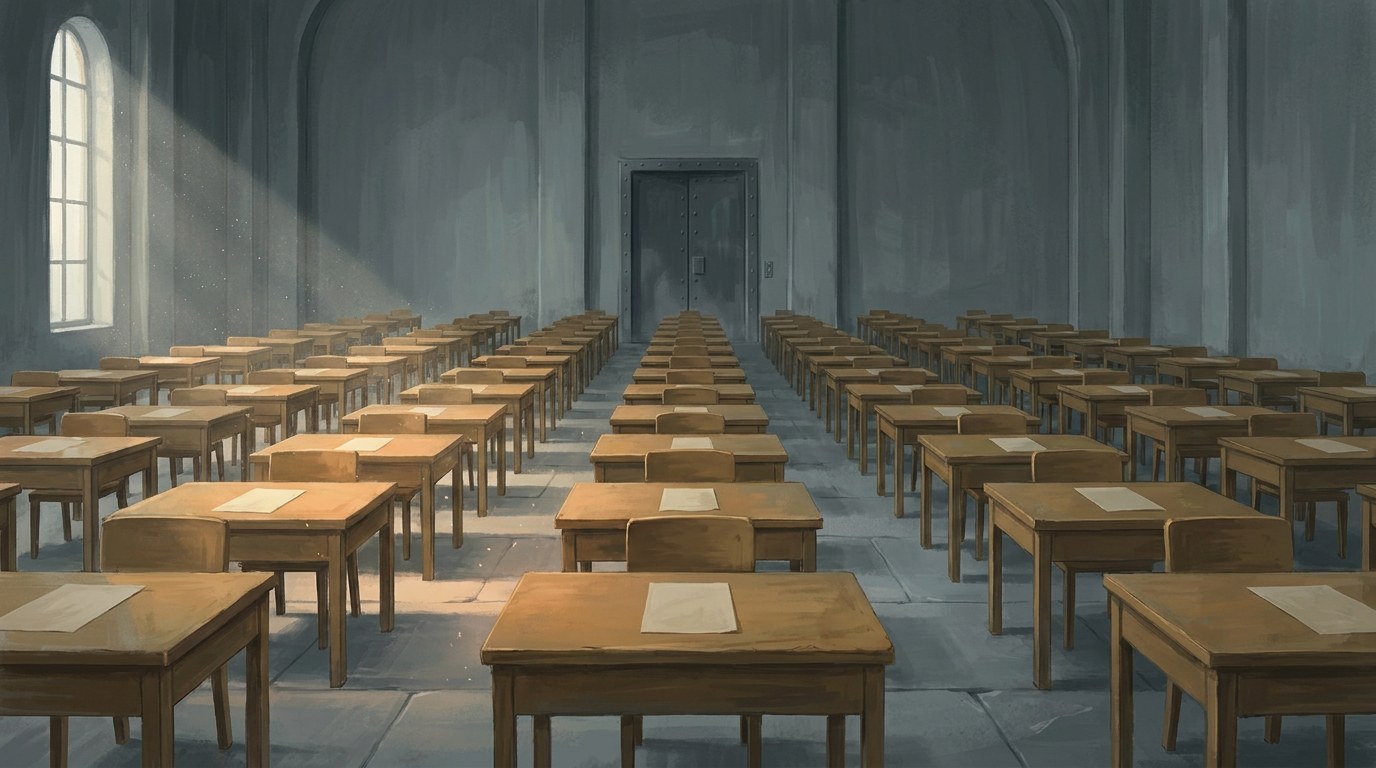 An empty examination hall at first light, rows of desks each bearing a single sheet of paper, a heavy closed door at the far end