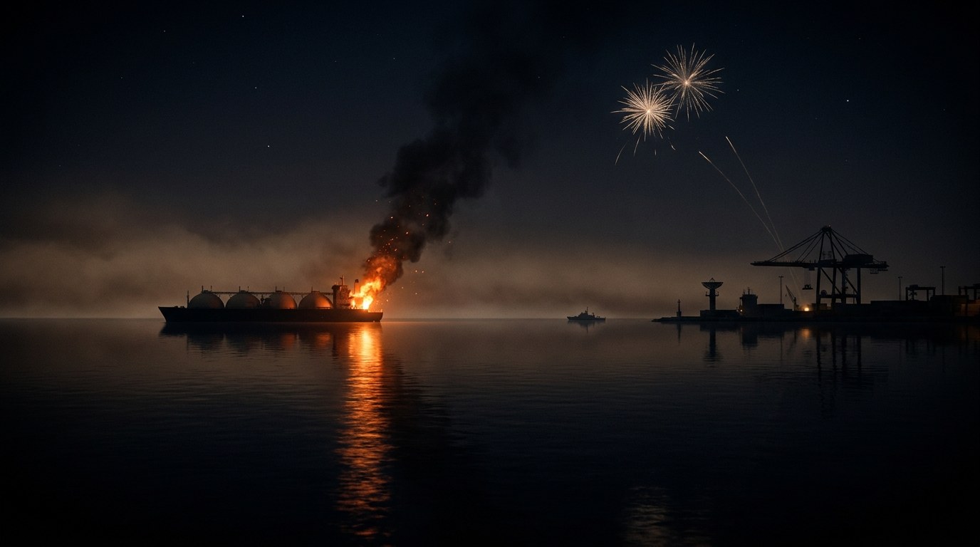 Night over the Strait of Hormuz: a gas carrier burns on dark water as interception bursts flare in the sky above a darkened port