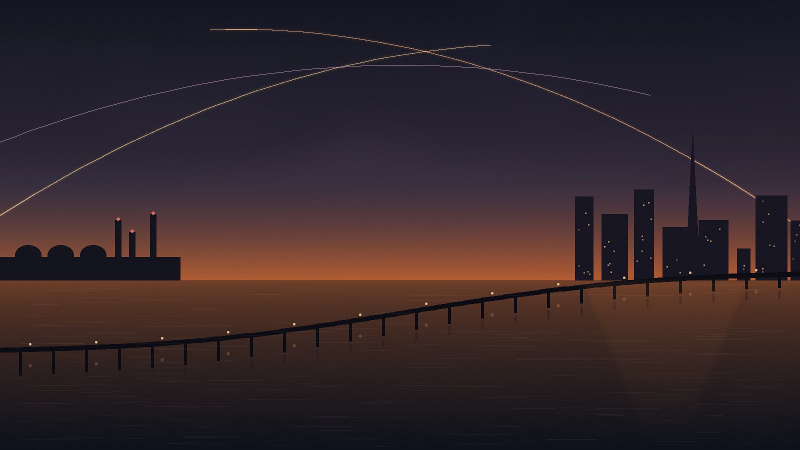 Dusk over a gulf: a long causeway bridge stretches toward an island city skyline as interceptor streaks cross the sky above a desalination plant