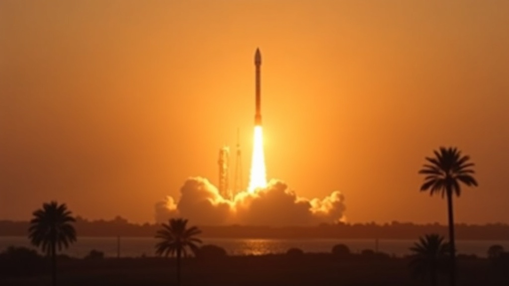A rocket lifting off at dawn, its exhaust plume glowing through coastal mist