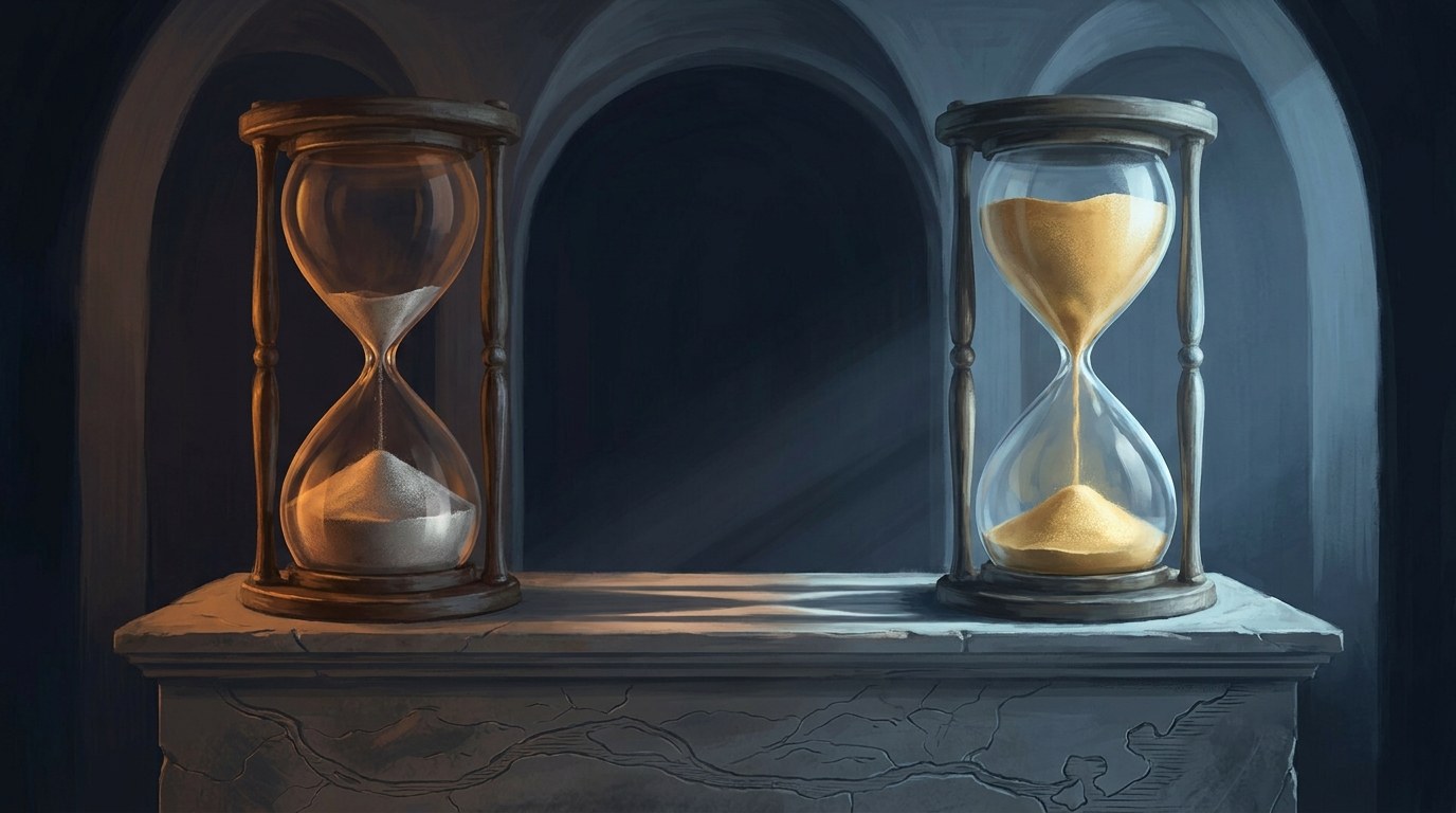 Two clock faces over an Indian map - a young crowd surging beneath the northern clock, silver-haired elders beneath the southern one