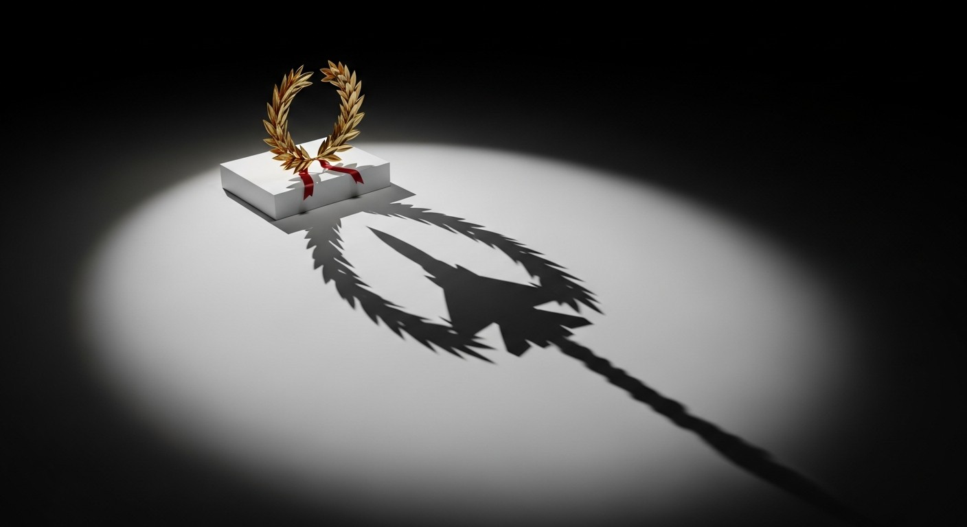 A gilded laurel victory wreath on a spotlit podium, its shadow shaped like a falling fighter jet