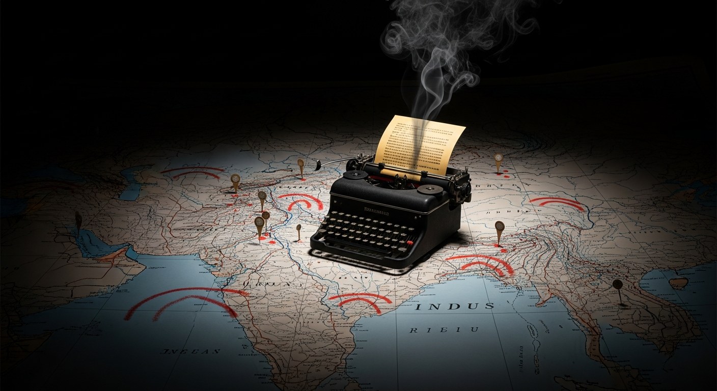 An antique typewriter on a war-room map of South Asia, typing a page that curls into rising smoke over the Indus