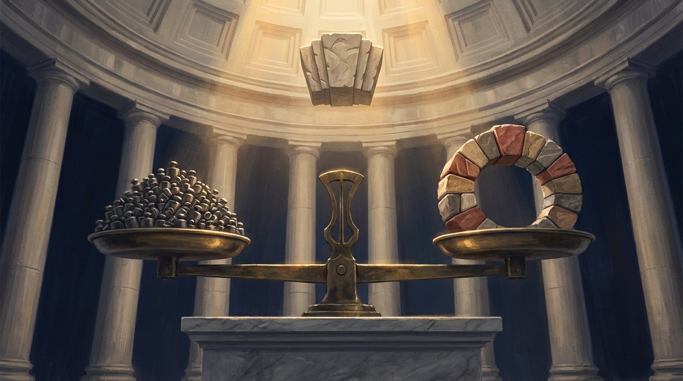 A brass balance scale weighing a crowd of figures against a ring of state pillars, in a dim parliamentary chamber