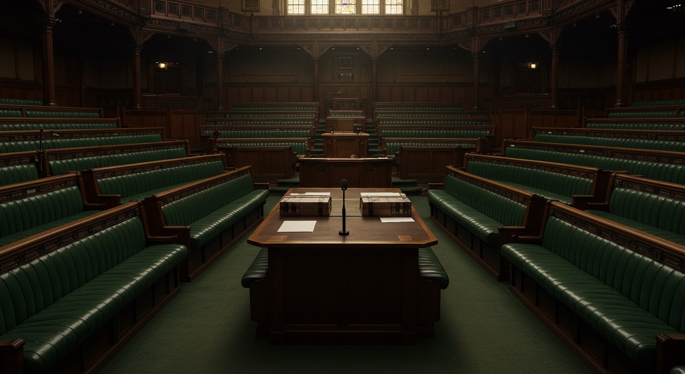 Empty parliamentary chamber with a single lit microphone at the central despatch table