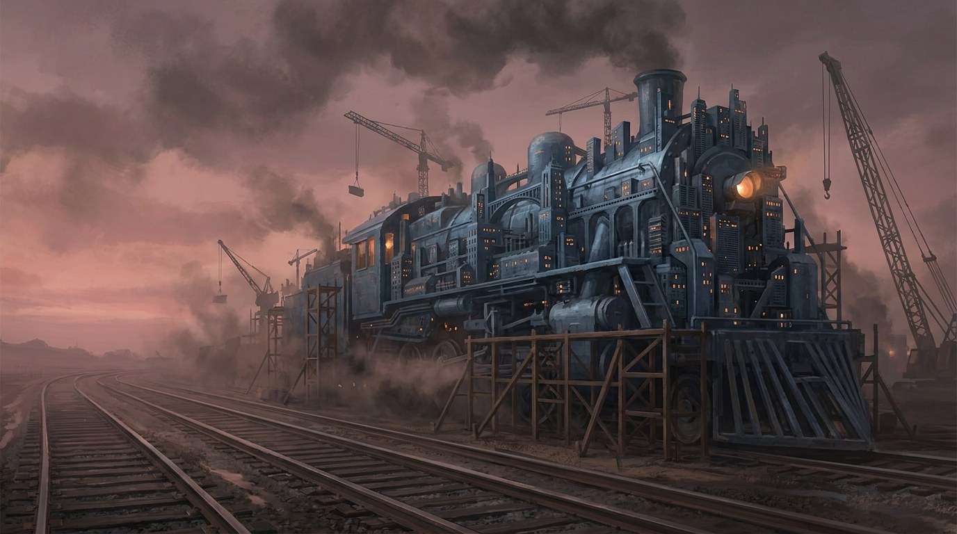 A vast Indian city skyline at dusk, glowing with economic activity, resting on a small, cracked administrative foundation