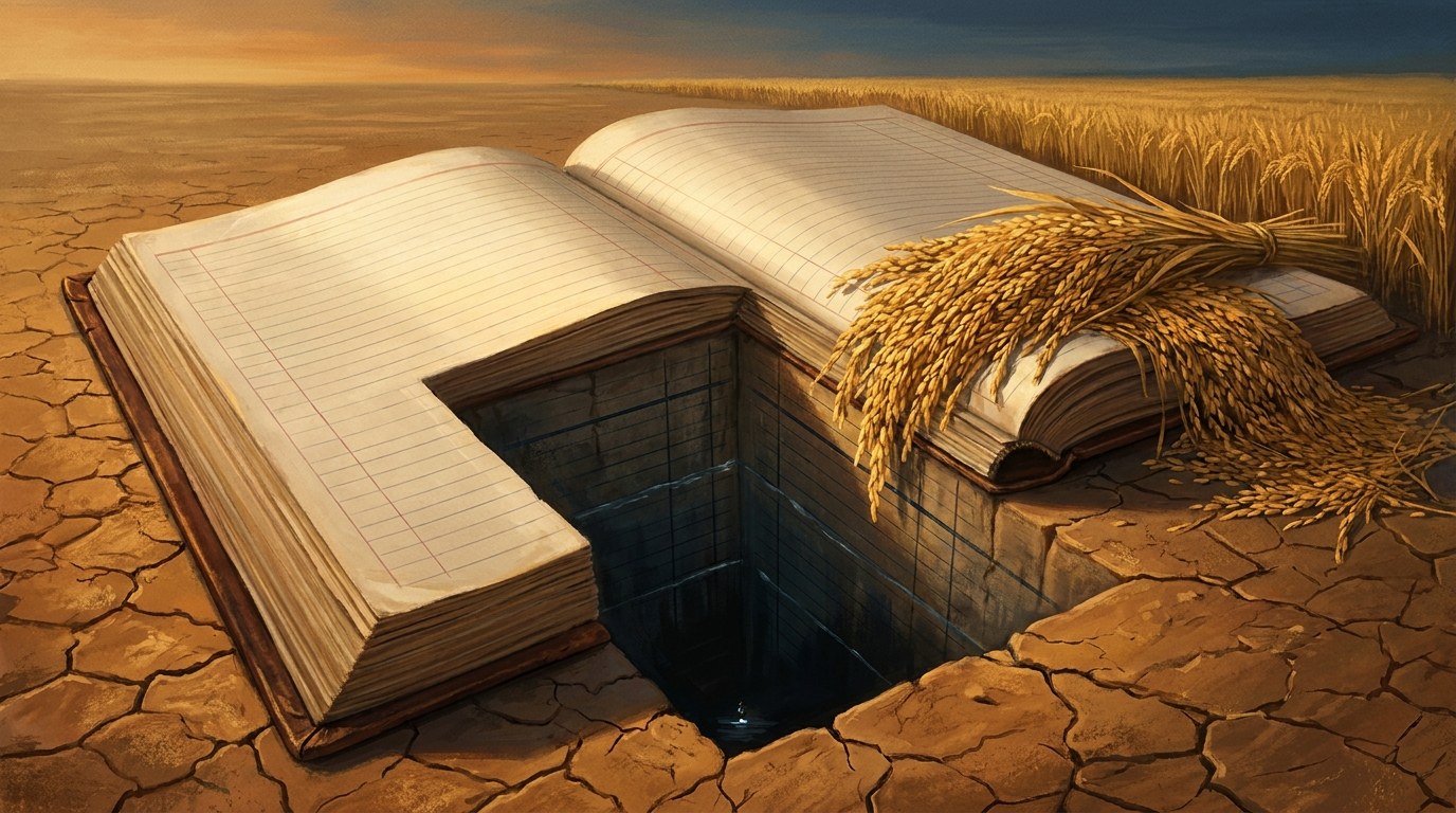 An open accounting ledger dissolving into a dry, cracked field with a lone tubewell on the horizon