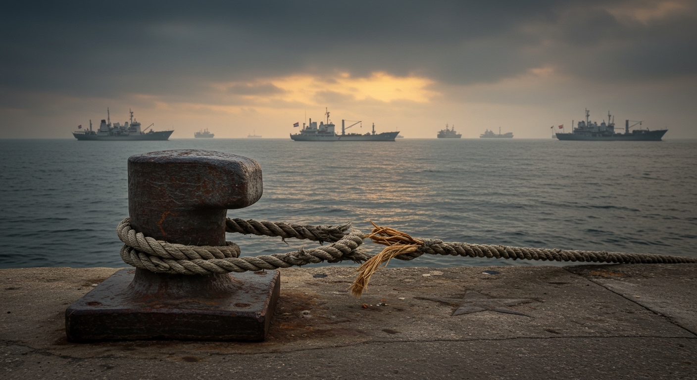 A frayed, snapped mooring rope on a rusted harbor bollard at dawn, with allied ships steaming away toward the open sea and a faded star etched into the quay