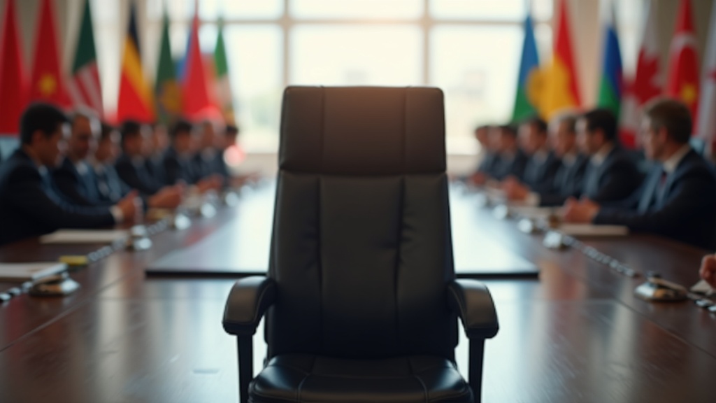 An empty black leather chair at a long summit conference table, delegates and national flags blurred beyond it