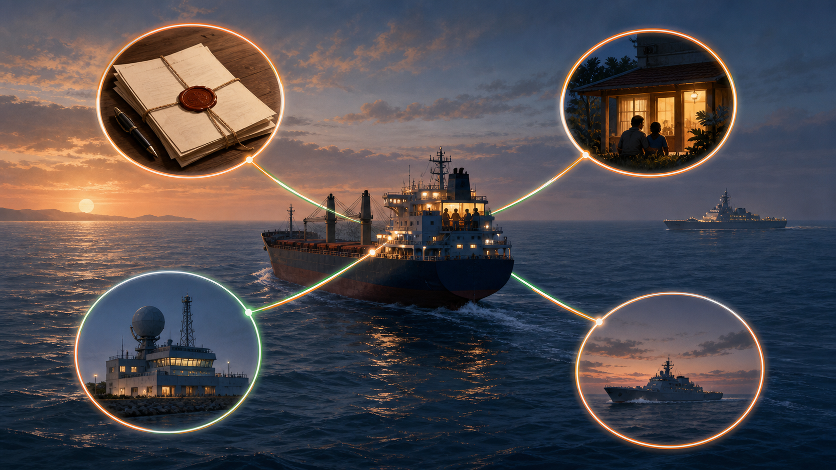 A merchant ship crossing the western Indian Ocean under layered protection linking crew, coastguard, navy and family support