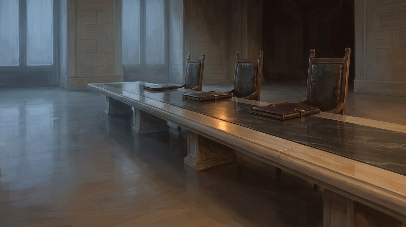 Three empty high-backed chairs at a long polished stone table in a deserted ceremonial hall at dusk, a closed leather folio in front of each
