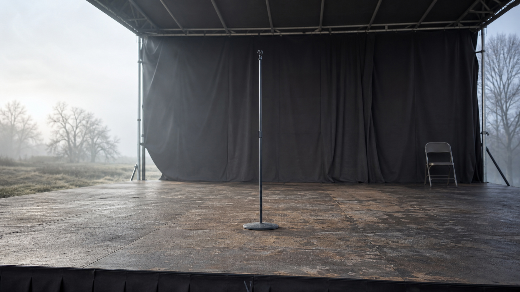 A bare temporary outdoor stage at misty dawn, empty but for a single microphone stand and one folding chair