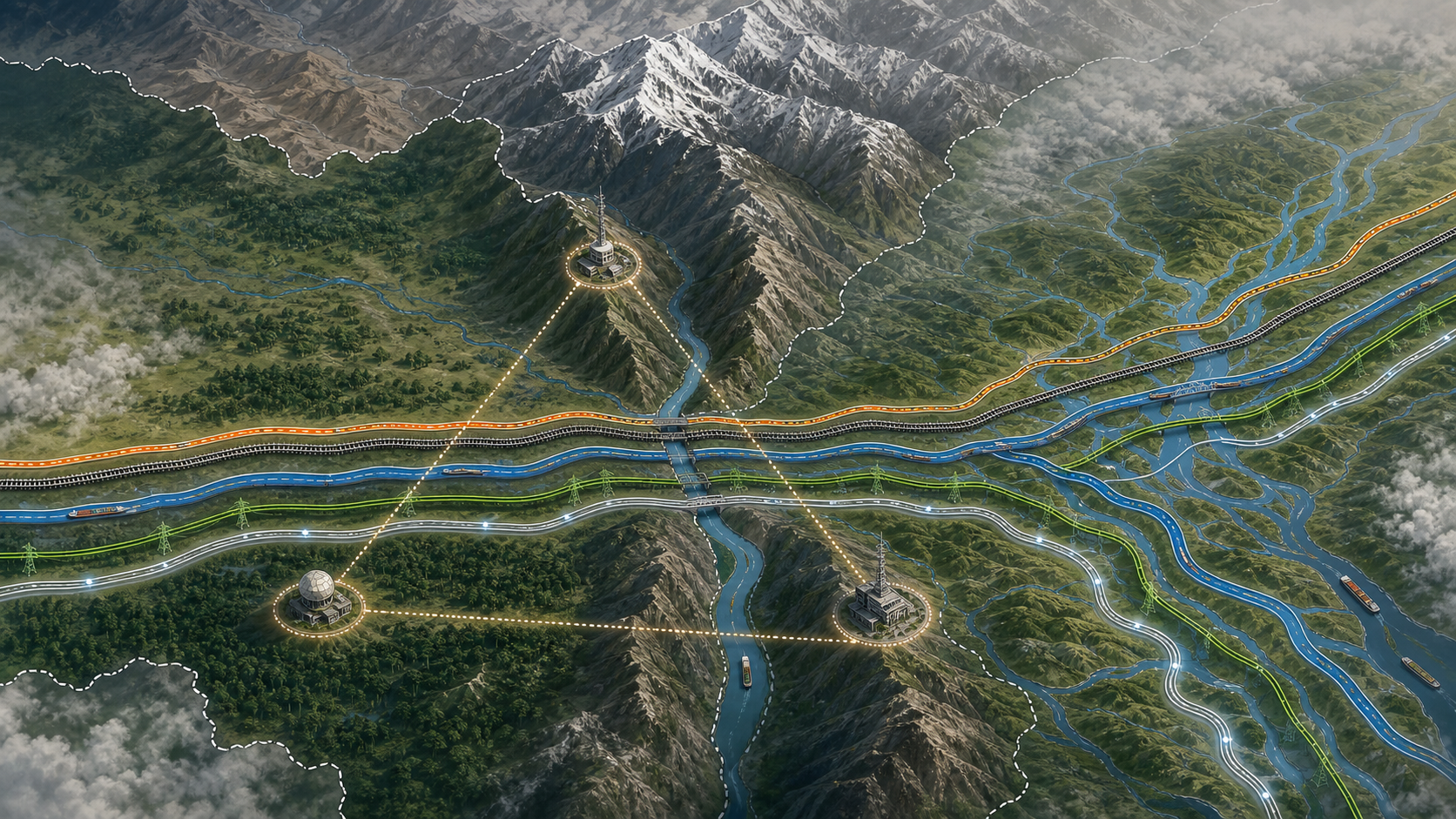 A map-inspired view of the Siliguri Corridor protected by three security nodes and several road, rail and river routes