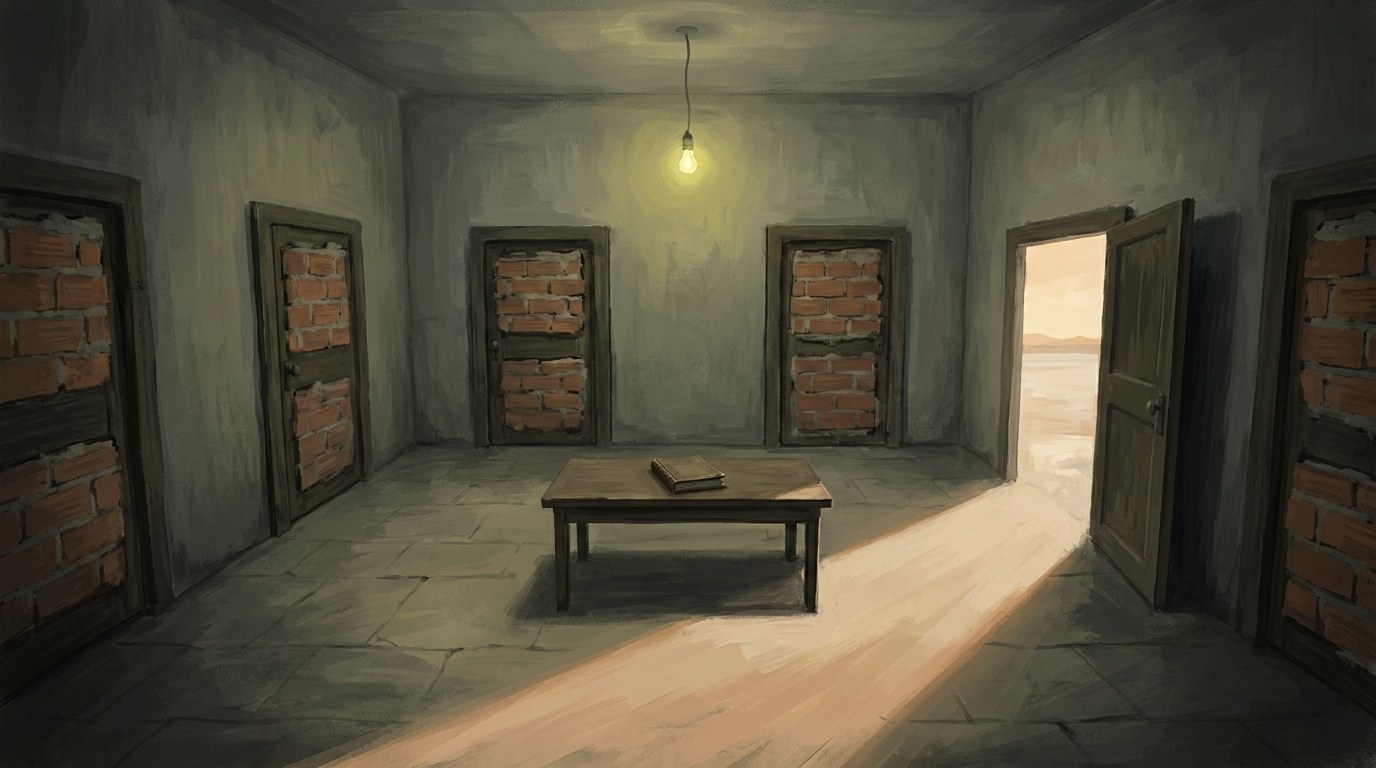 Five doors around a windowless room marked Rawalpindi, four of them bricked shut, the fifth open onto a map of India