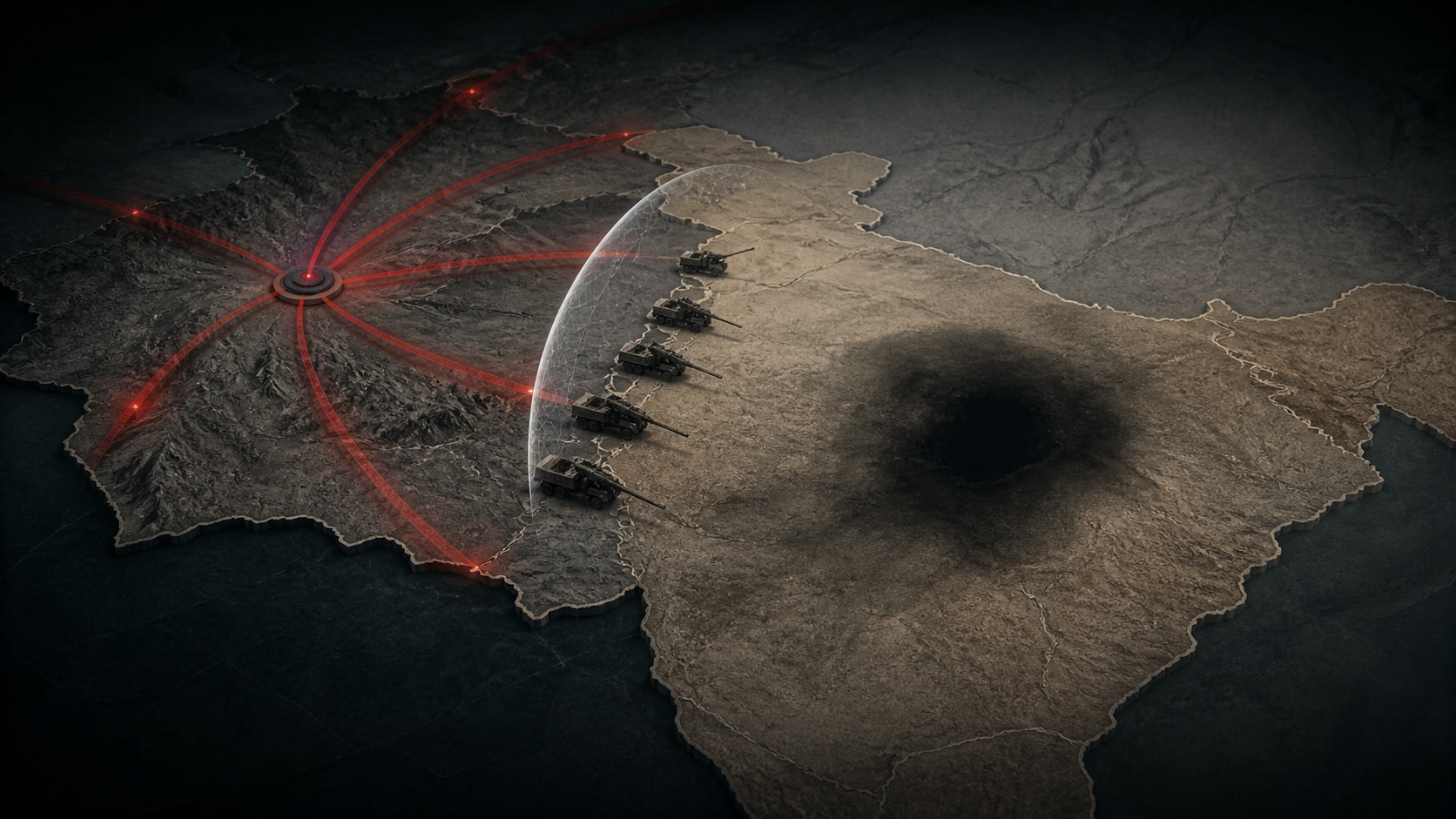 An unlabeled map of India and Pakistan with red pressure lines converging on Rawalpindi, artillery along the border, an incomplete shield and a dark void inside India