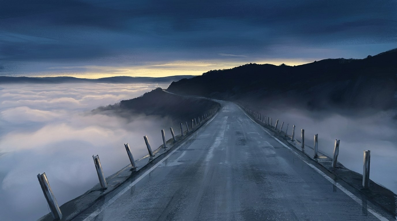 A narrow mountain road at dusk with the guard rails removed on both sides, cloud filling the valley below