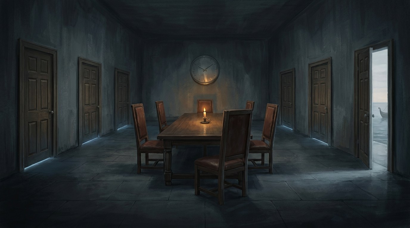 A dark council room with six doors, five shut and one standing open onto the sea and a distant boat; six empty chairs around a bare table lit by a single candle, and a clock without numerals on the far wall
