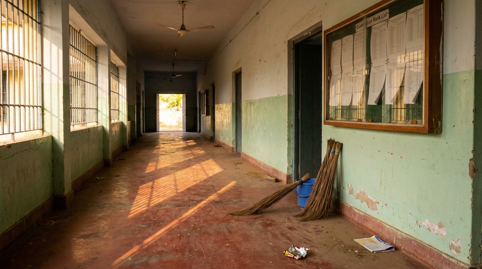 A school corridor in India at the end of the day, a row of brooms leaning unused against the wall beside a noticeboard of examination ranks