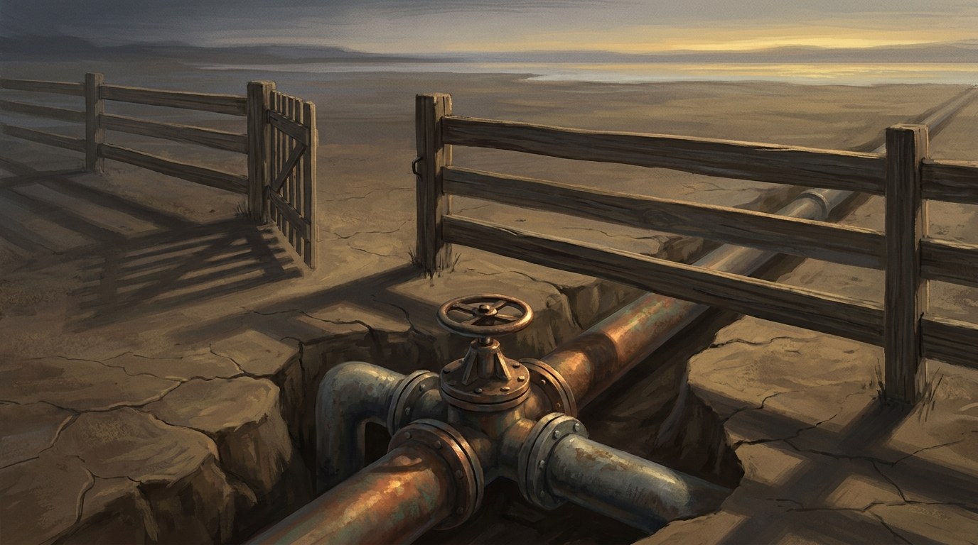 A weathered timber fence across cracked dry ground at dusk, one gate standing open, with heavy pipes exposed in a trench running beneath the fence line and away toward a pale distant shore