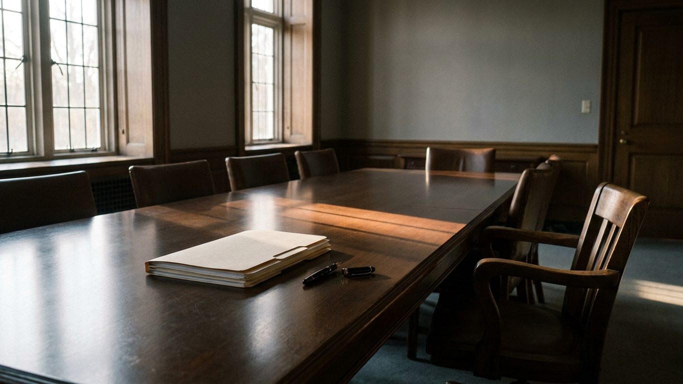 An empty government conference room in late-afternoon light, a closed document folder and an uncapped pen on the table, chairs at the far end pushed back from it