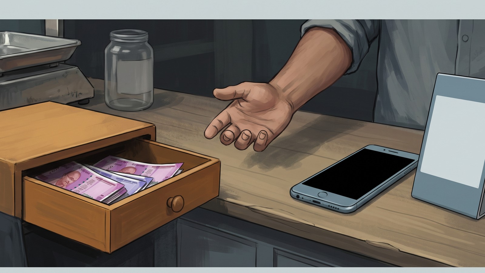 An illustrated shopkeeper's hand hovers between Indian rupee notes in an open cash drawer and a phone beside a blank digital-payment stand