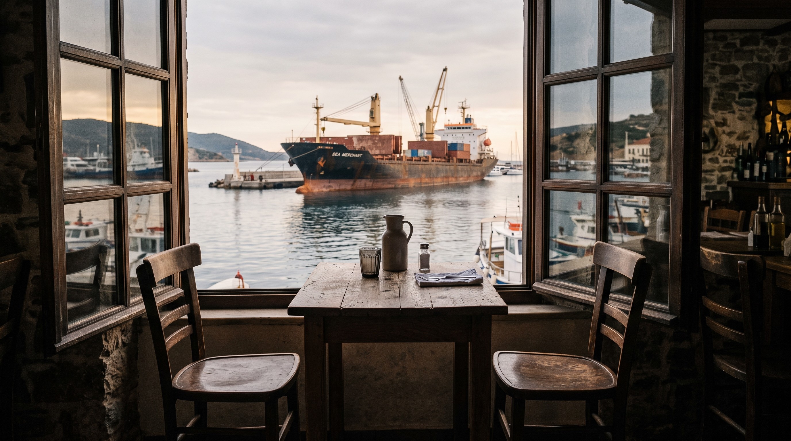 Two empty chairs across a narrow table, with a merchant ship visible through a window