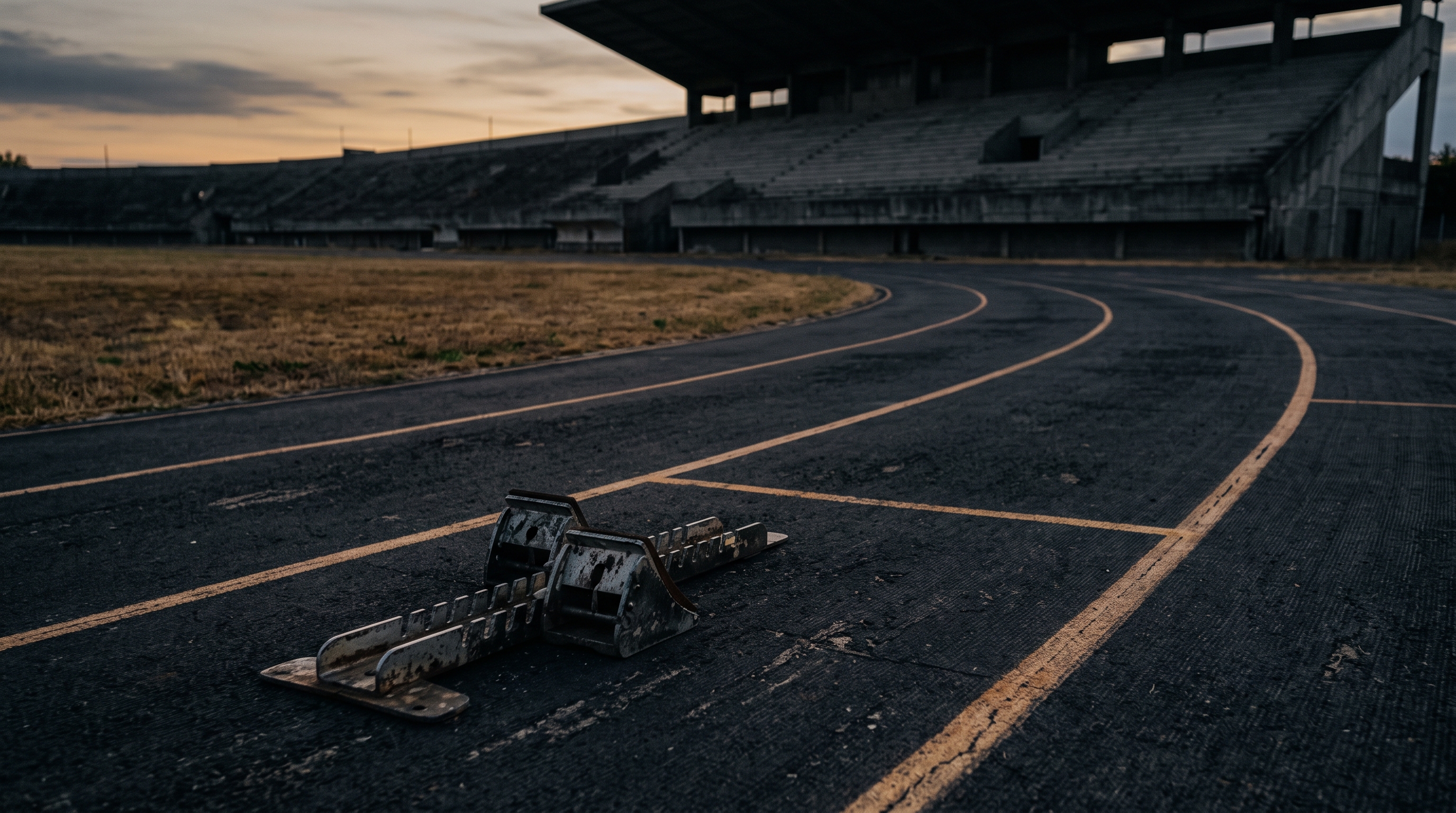 An empty athletics track at dusk, a single starting block in the foreground